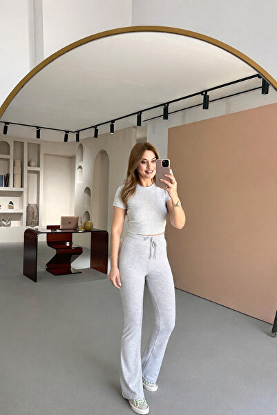 Sezgi Tekin Σετ Premium Σειρά Ψηλόμεσο Παντελόνι Σπανικό Μποτάκι Crop Melange...