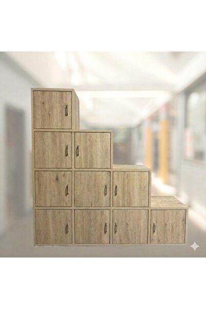 MukoToys 10 Bölmeli Kapaklı Basamaklı Çok Amaçlı Dolap (MDF) 30x30 Ahşap Desen