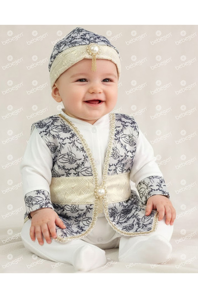 bebegen Yellow Navy and Tugra Patterned Mevlüt Set with Gold Belt for Baby Boy