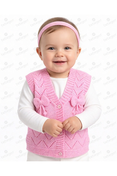 Genel Markalar Lüx Pembe Kurdeleli Kız Bebek Triko Yelek