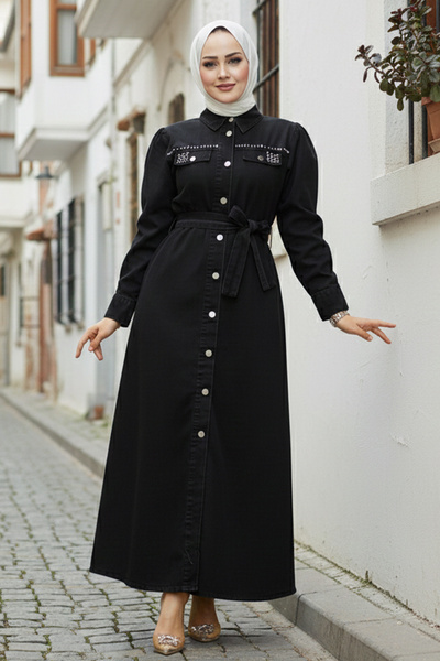 benguen 6804 Дънкова рокля с джобове и мъниста, черна