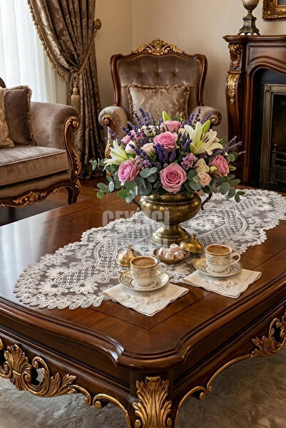 Çt Çeyizci Tekstil مفرش طاولة فردي بتفاصيل من الدانتيل الفرنسي