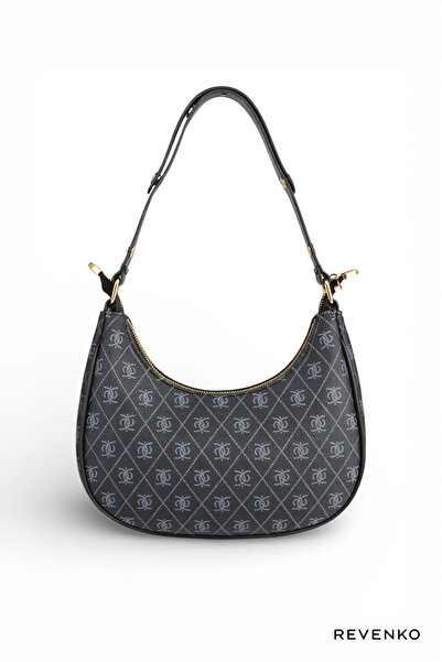REVENKO Monogram Patterned Black Women's Baguette Shoulder Bag