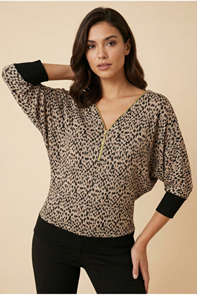 Şiir RUNDU Дамска блуза с цип, крилати ръкави и леопардов жакардов принт и дж...