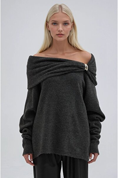 Lijuri Anthracite Accessory Detailed Madonna Collar Casual Knit Sweater 1389