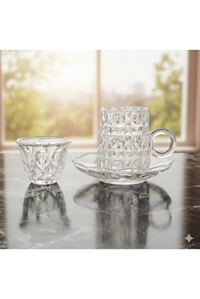 Dania طقم أكواب شاي زجاجية بنقشة كريستالية (12 قطعة: 6 أكواب + 6 صحون) – أناق...