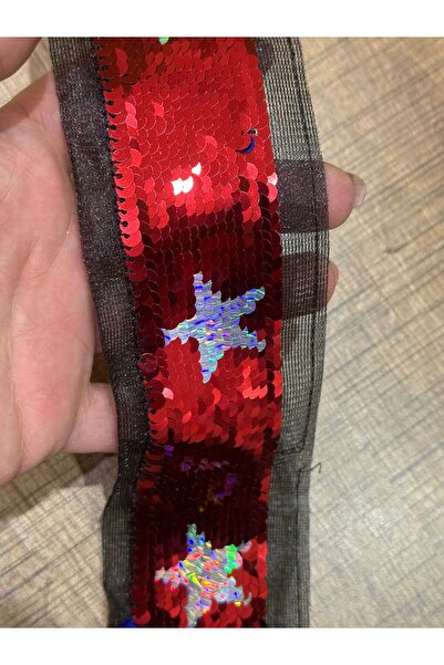 Gönülden Tasarım 4 cm Sequined Star Ribbon Sewing Accessory 1 Meter Red