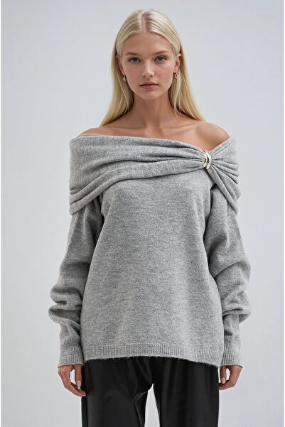 Lijuri Gray Accessory Detailed Madonna Collar Casual Knit Sweater 1389