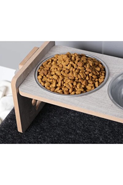 Genel Markalar Kedi Köpek Mama Kabı 3 Gözlü Ayarlanabilir Ahşap & Paslanmaz Ç...