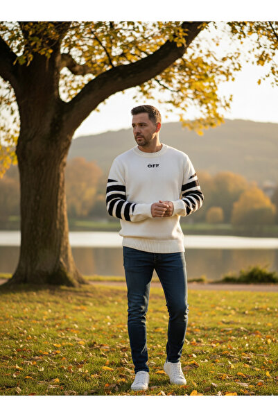 YusGos Men's Half Crew Neck Sweater with Arrow and Stripe Detail