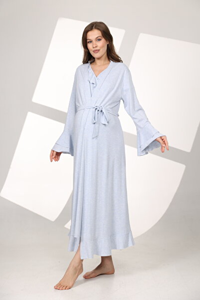 Lohusa Homewear Kadın Mavi Melanj Volanlı Kol Özel Tasarım Lohusa Hamile Saba...