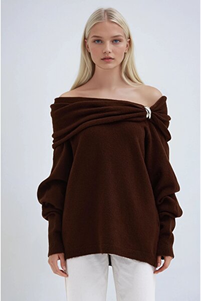 Lijuri Brown Accessory Detailed Madonna Collar Casual Knit Sweater 1389