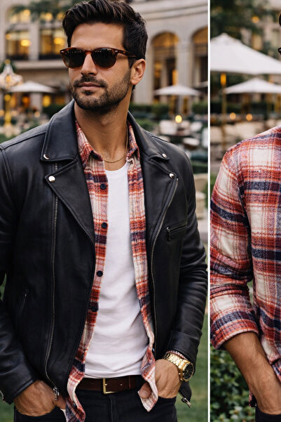 Varetta قميص رجالي شتوي سميك بلون الطوب مع جيوب وقصة واسعة كلاسيكية