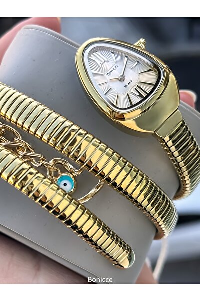 Ferrucci ساعة نسائية على شكل ثعبان، في علبة هدايا، سوار فولاذي، لون أصفر، مع ...