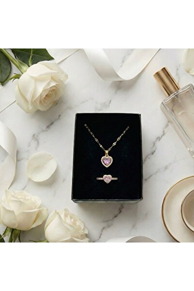 YZbuy Altın Kaplama Pembe Kalp Taşlı Çelik Kolye ve Yüzük Kutulu Set