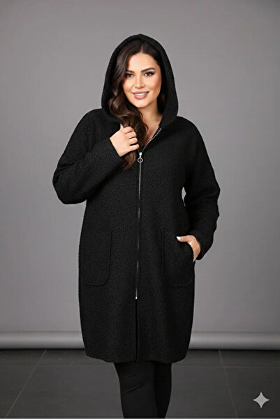 Efour Hooded Women's Plus Size Boucle Coat with Zipper Pockets