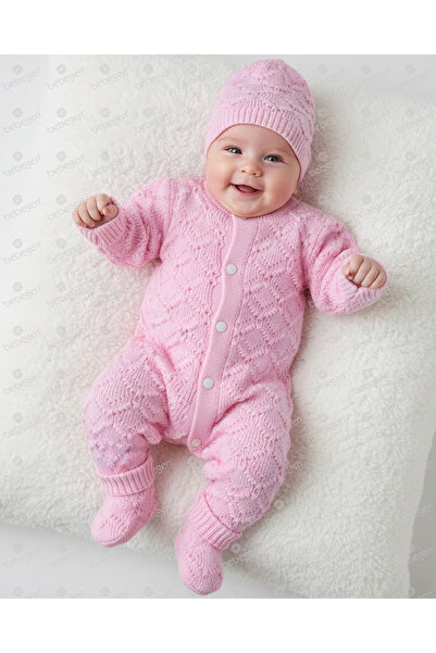 bebegen Pink Knitwear Baby Girl Jumpsuit - Beret Design