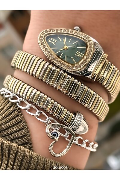 Bonicce سوار فضي أصفر، ساعة على شكل ثعبان بقرص أخضر مع سوار على شكل قلب