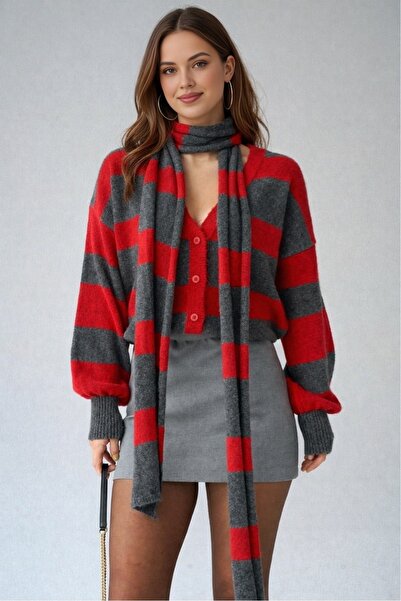 LOOSH Kadın Kırmızı Çizgili Şal Aksesuarlı Hırka