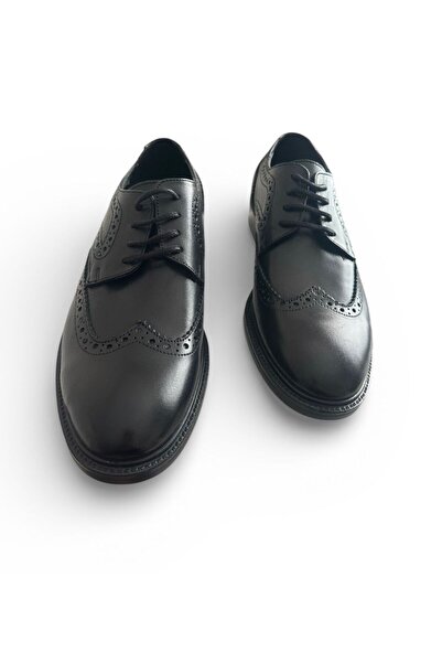huqul Hakiki Deri Klasik Erkek Ayakkabısı | Kanat Uçlu Siyah Şık Brogue