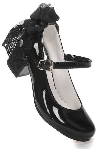 Aykatrend Kiko جلد أسود لامع - حذاء راقصة باليه كاجوال بكعب 4 سم للفتيات 754