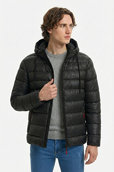 D1fference Erkek Siyah Kalın Astarlı Rüzgar Geçirmez Kapüşonlu Kışlık Şişme S...