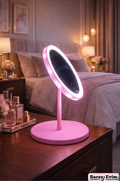 saray evim Yuvarlak Masa Üstü Led Işıklı Makyaj Aynası