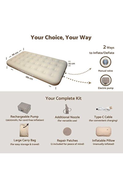 HOMEDIFIER Full Size Air Mattress Twin with Built-in Pump with Carry Storage Bag Beige Single