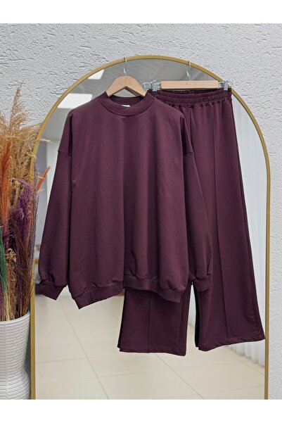 MİHRA STORE Dilşah Bol Sweat İki İplik Pantolonlu Takım-NL222 Bordo