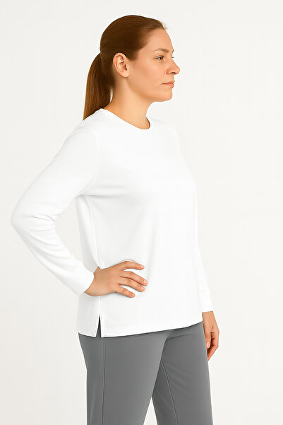 Cottonland Kadın BELINDA Basic Uzun Kollu İnce O Yaka Pamuk T-Shirt BEYAZ