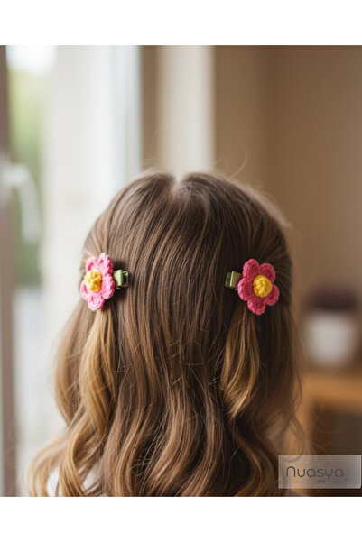 Nuasya 2-Piece Knitted Pink Daisy Hair Clip – Handmade Floral Hair Clip, Girl...