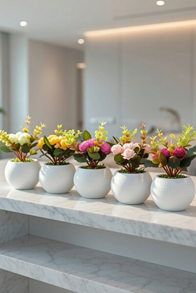 adresiburasi مجموعة زهور صناعية في وعاء خرساني مكونة من 5 قطع