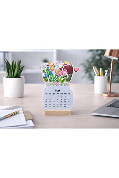 MirayDesign 2026 Laleli Masa Takvimi – Ahşap Standlı Dekoratif Masa Takvimi