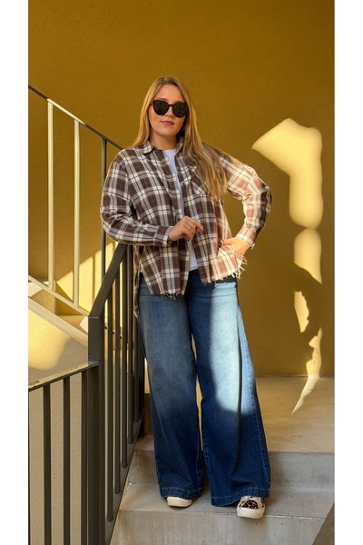 JANNA BUDAK BOUTİQUE Ekose Oversize Kadın Gömlek – Kahve / Krem