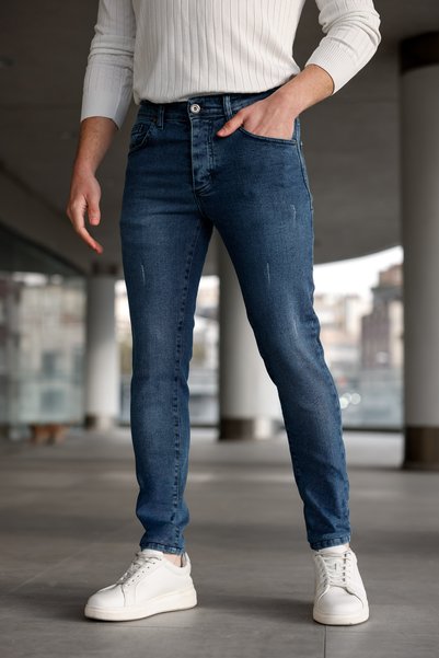 Ser Joven Men's Blue Jean Trousers Slim Fit Lycra Narrow Leg Regular Waist Five Pockets Laser Cut