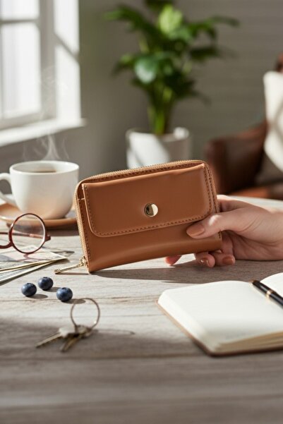 Classbag Yumuşak Deri Taba Renk Fermuarlı Kartlıklı Kadın Cüzdan