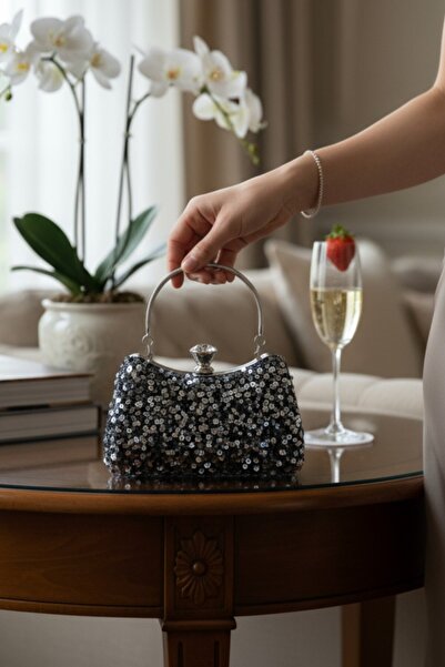 Classbag Pul Payetli Platin Kolçak Ve Zincir Askılı Kadın Clutch Abiye Çanta