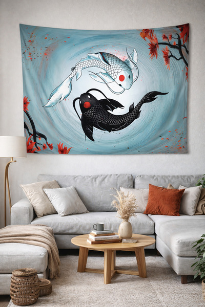 Vendini Ying Yang Koi Patterned Wall Cloth - Wall Tapestry
