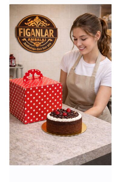 figanlar ambalaj 1 No Kırmızı Puantiyeli Saplı Yaş Pasta Kutusu 3 Adet 18x18x...