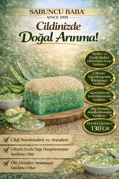 SABUNCU BABA - Doğal Kabak Lifli Aloevera Sabunu - 130 GR. Nemlendirici & Yat...