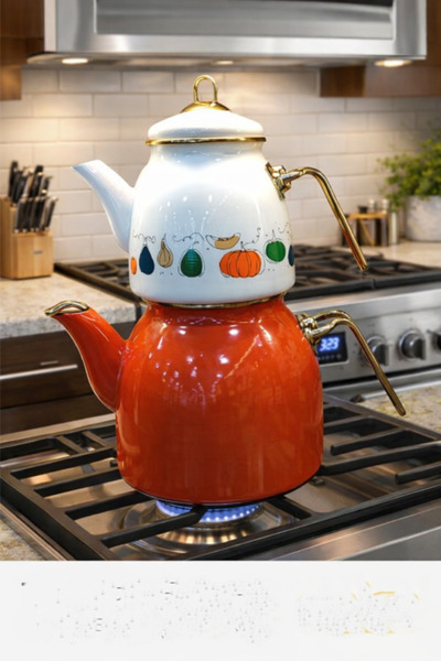 abenim Emaye Çaydanlık Seti Turuncu Kabak desenli Emaye Çaydanlık Takımı