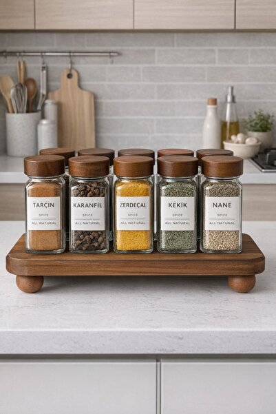 Dia Acacia Lid Spice Jar Set Glass Spice Jar Set with Wooden Stand Set with L...