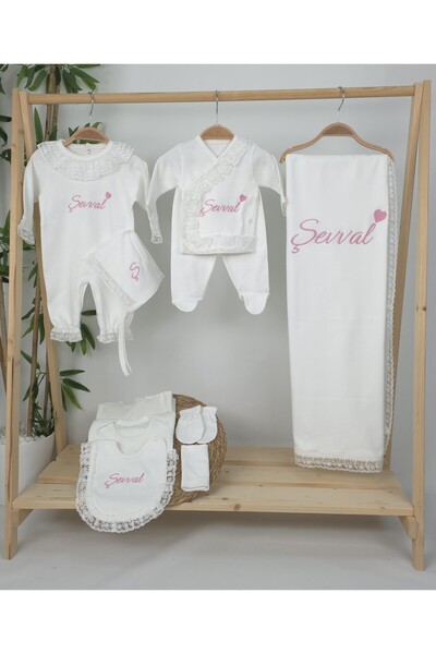gros shop 10'lu Dantelli Hastane Çıkış Tulum Seti (Kişiye Özgü Isimli Nakış D...