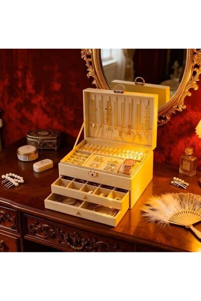 PİNK CODE Luxe Takı Mücevher Kutusu-organizer-büyük 3 Katlı-kilitli Anahtarlı...