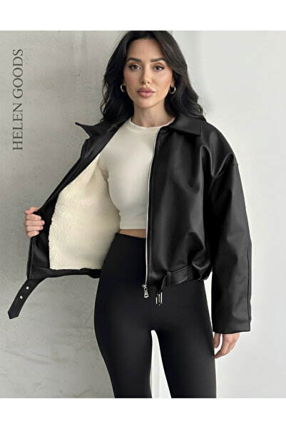 Helen Goods Γυναικείο δερμάτινο μπουφάν O oversized με γούνα εσωτερικά