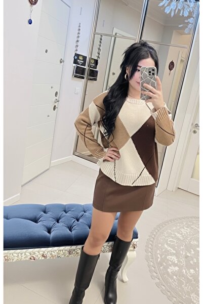 ABBA Special Production Diamond Patterned Oversized Knitwear Trend Sweater Stone