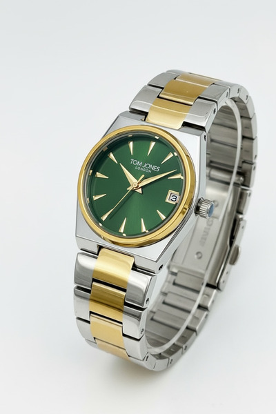 Tom Jones Women's Wristwatch with Steel Strap, Green Dial, Gold Winding, Wate...
