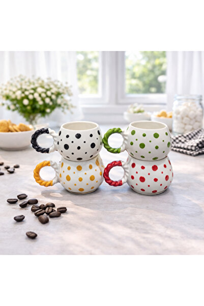 İZart كوب سيراميك منقوش يدويًا ومطرز يدويًا مكون من 4 قطع بمقبض شبكي فقاعي