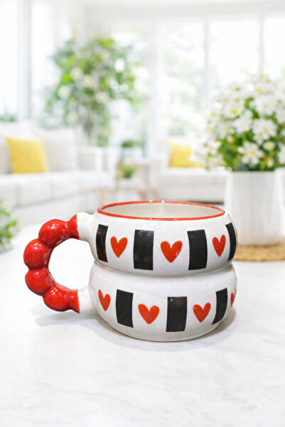 İZart Boncuk Kulp KATMERLİ ŞERİT KALP DESENLİ Tamamıyla El Yapımı Seramik Kupa