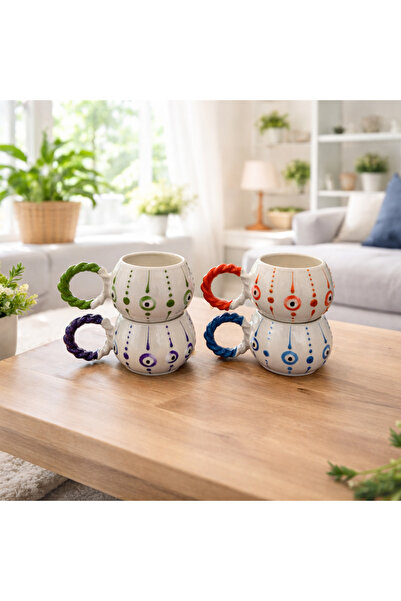 İZart كوب سيراميك محبوك بنمط عين الشر - مجموعة مكونة من 4 قطع، منقوشة بشكل خا...